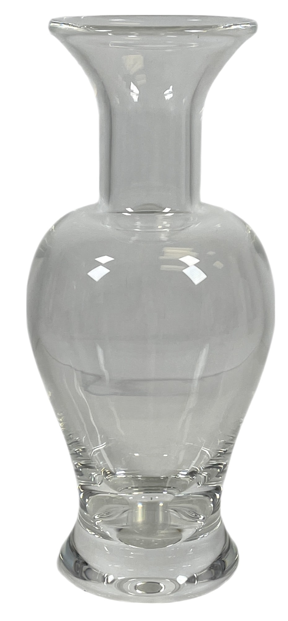 c1970 Steuben Donald Pollard Crystal Palace Vase: Steuben crystal 'Palace' vase, 1977, designed by Donald Pollard and executed in clear crystal, having a trumpet neck above a shouldered body, maker marked, 8.5 inches high x 3.5 inches at its widest.