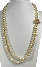 Vintage 14k Yellow Gold Double Strand Pearl Necklace with Rubies
