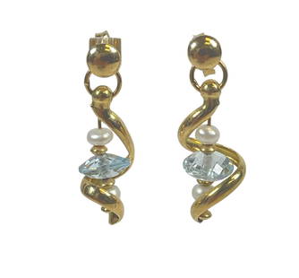 Pair 18k Yellow Gold & Seed Pearl Earrings: Seed pearl and aqua quartz threaded through 14k yellow gold. Earring backs marked 18k, earrings tested to be the same. Overall good condition. Total weight 4.3 grams (2.7 dwt).