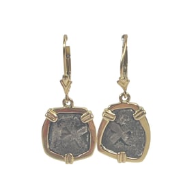 Ancient Spanish Silver Coin & 14k Yellow Gold Earrings with COA