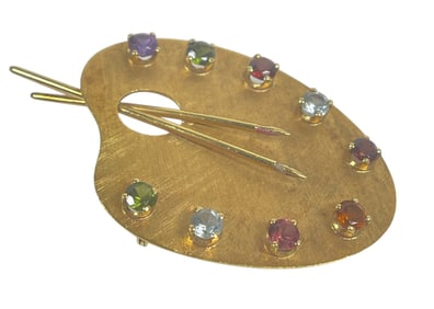 c1940 18k Yellow Gold & Gemstone Artist Paint Palette Brooch
