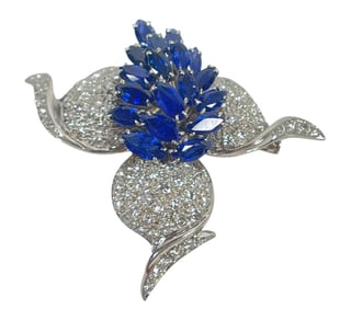 Estate 14k White Gold Diamond & Sapphire Brooch