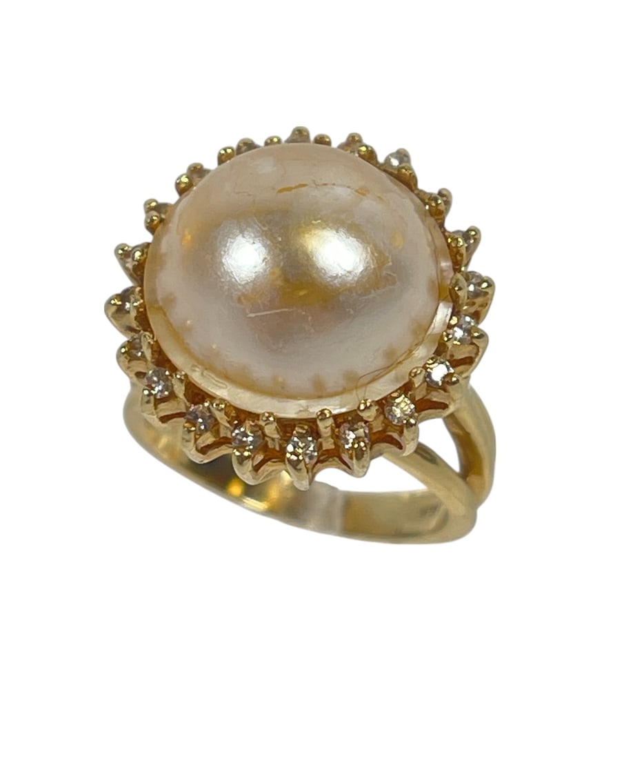 Estate 14k Yellow Gold Diamond & Golden South Sea Mabe Pearl Ring size 6 (1 of 4)