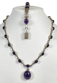 Vintage Sterling Silver & Cabochon Amethyst Mexico Necklace / Bracelet Set
