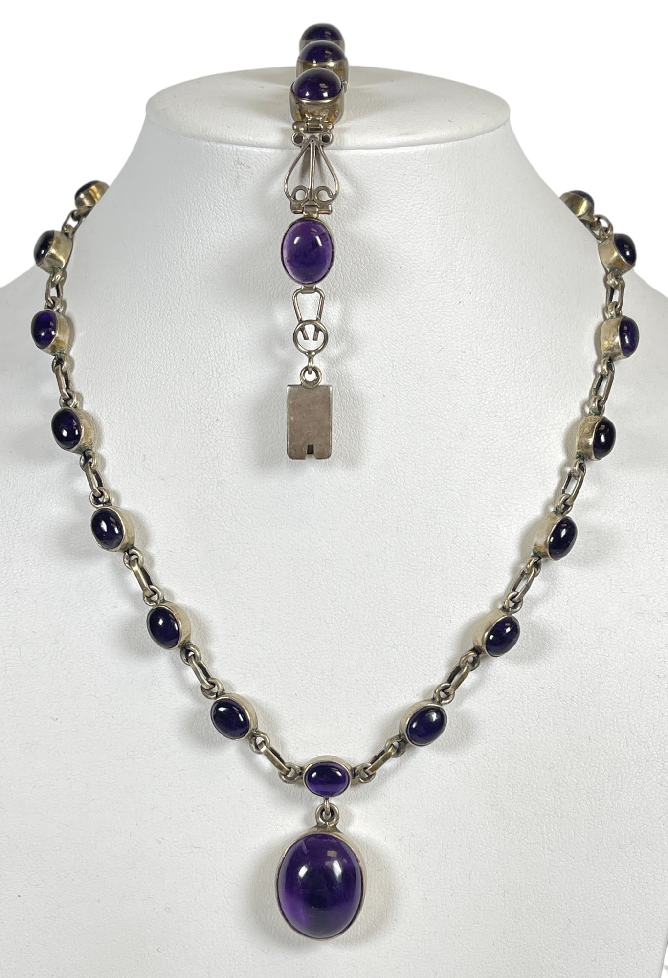Vintage Sterling Silver & Cabochon Amethyst Mexico Necklace / Bracelet Set (1 of 3)