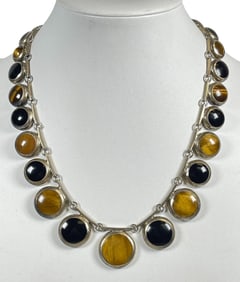 Vintage Taxco Mexico 950 Silver Cabochon Onyx & Tigers Eye Necklace
