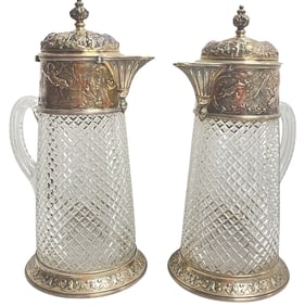 Pair Large 1890 Elkington Co English Sterling Silver & Cut Crystal Pitchers