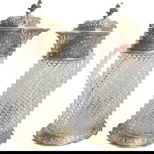 Pair Large 1890 Elkington Co English Sterling Silver & Cut Crystal Pitchers: Pair of Victorian sterling silver and cut crystal pitchers by Elkington Co. Ltd. Hallmarked with the lion passant, mark for Birmingham, date letter q for 1890, and Elkington hallmark. Domed rose decor