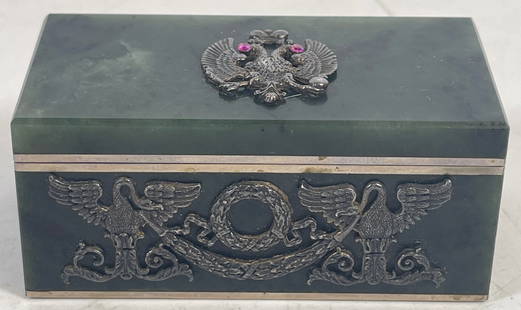 Russian Silver and Nephrite Trinket / Snuff Box: Russian silver and nephrite trinket / snuff box, possibly by M. Dmitriev of Moscow, the top and sides applied with eagles, one accented with ruby eyes, 88 marks to base and each applied eagle. [1.5 in