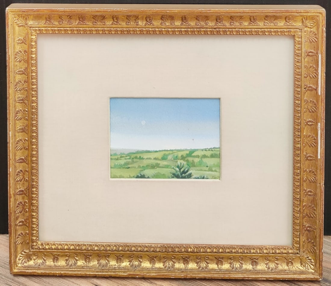 Illegibly Signed Ukranian Plains Landscape with Moon: A very well executed diminutive landscape, illegibly signed lower right and dated '70. Very good condition under glass. 4.5" x 3.25" sight. From a NYC Estate of Ukrainian Art.