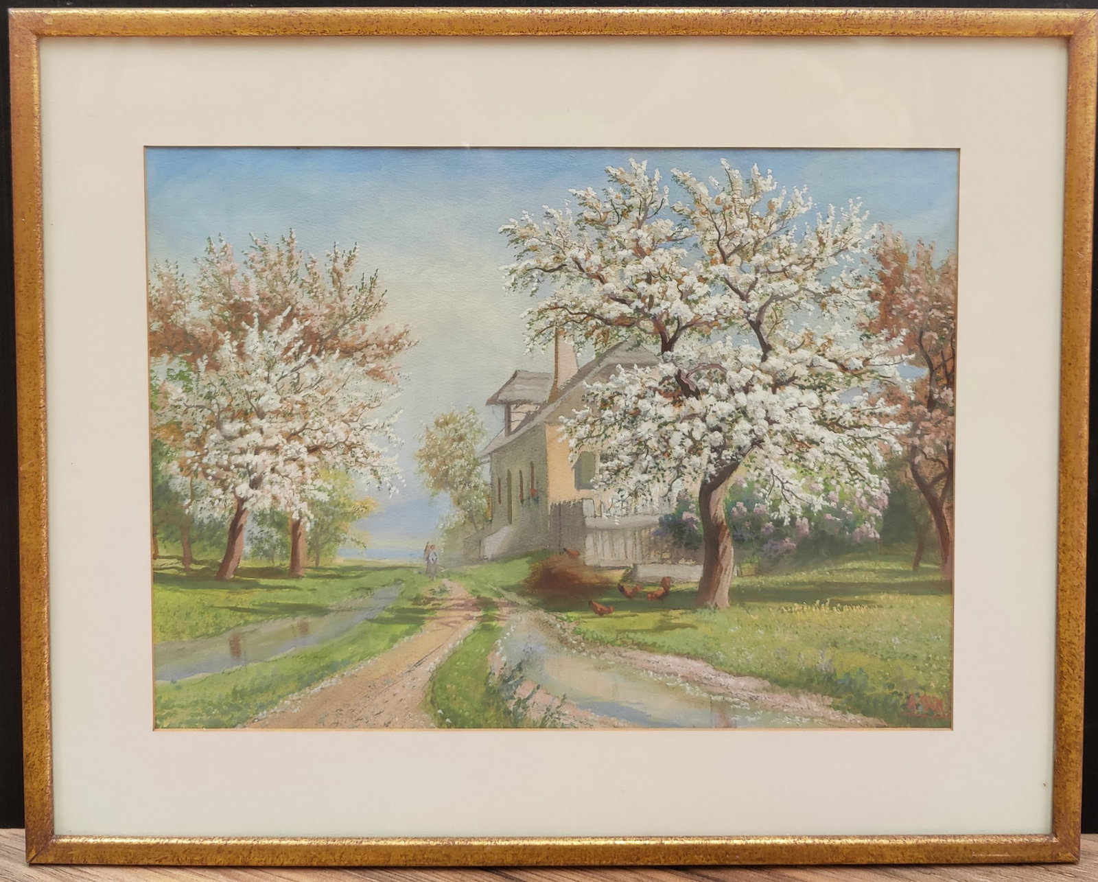 Gouache Country Estate with Flowering Cherry Trees: A beautiful painting in gouache, in very good condition. Initial signed A.J.M. lower right. From an UES, NYC Estate of Eastern European Art. 15.5" x 11.25" sight.