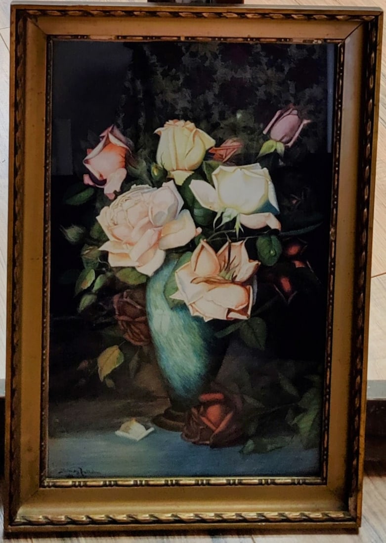 Illegibly Signed Gouache Still Life Roses in a Vase, 1926 (1 of 3)