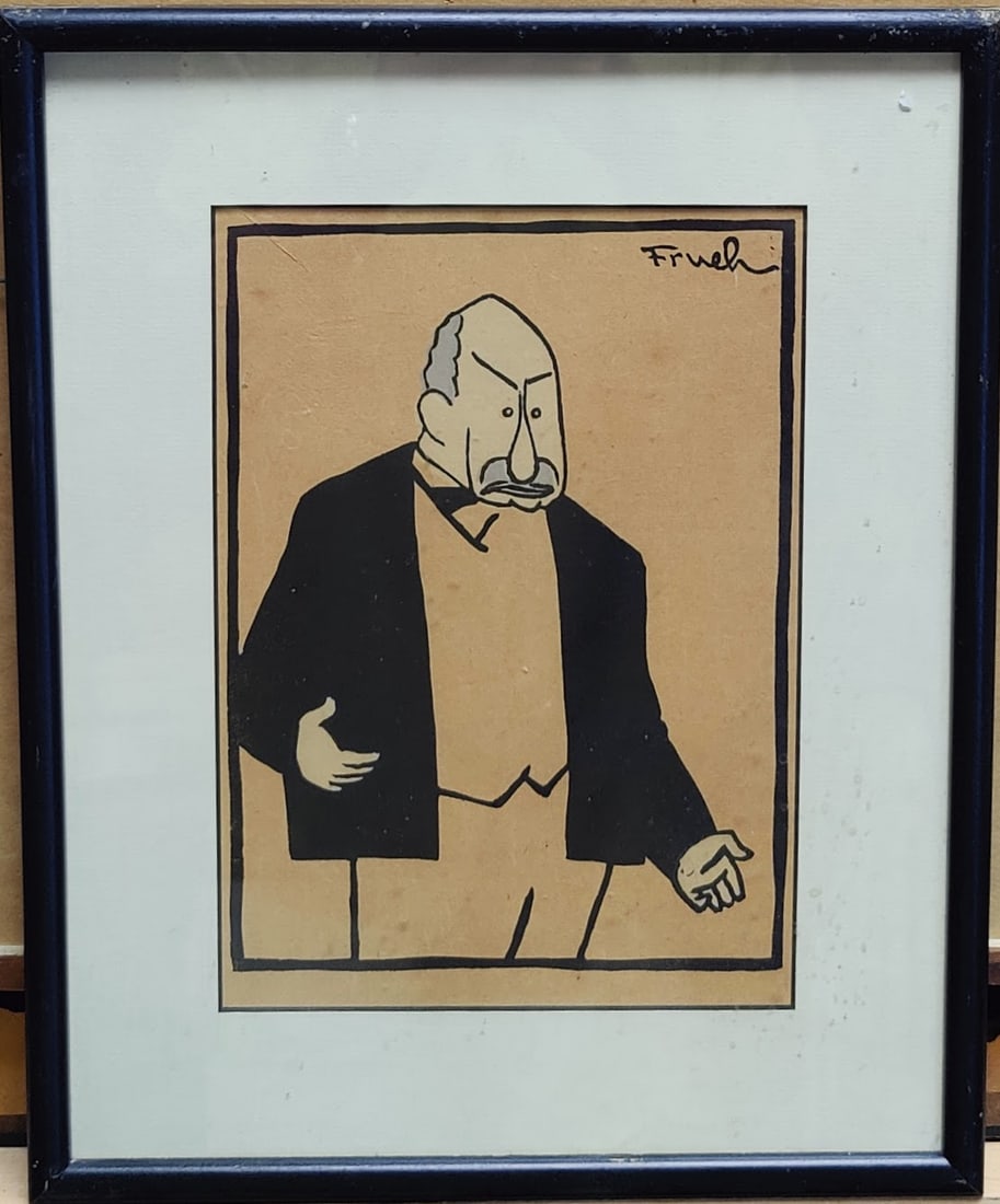 Alfred J. Frueh Cartoon Illustration Man in a Black Jacket: Alfred J. Frueh (New York, Ohio, Connecticut, 1880 - 1968) ink and gouache on paper, in good condition. Signed upper right. 7.25" x 10.25" sight.