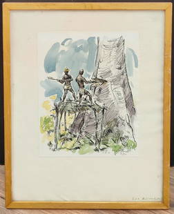 Jacques Jacano Hanot Hand Colored Print Woodcutters: Jacano Hanot (Belgium, 1923 - 1995) L/E 16/50 hand colored watercolor and lithograph titled "Les Bucherons". Signed in ink lower right and pencil numbered. Work is in very good condition, with toning
