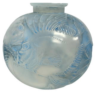 R. Lalique Opalescent Glass Poissons Vase: R. Lalique Opalescent Glass Poissons Vase with Blue PatinaCirca 1921. Engraved R. Lalique, France. Measures approx 9.5 inches high, approx 10 inches at its widest. Overall good condition, no chips or