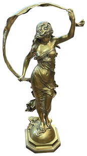 Art Nouveau After Auguste Moreau (French, 1855-1919) L'Aurore Figural Bronze: Bronze Art Nouveau sculptural figure of a nymph with billowing drape and standing upon a starred terrestrial globe. No siggature found. Measures 32 inches high, approx 16 inches wide. Overall good con