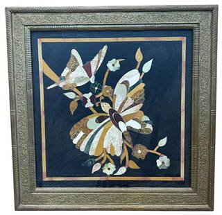 Large Florentine Pietra Dura Inlaid Gilt Framed Plaque with Butterflies: Two butterflies on an onyx background. Measures 24 inches square. Overall very good condition, please see photos.