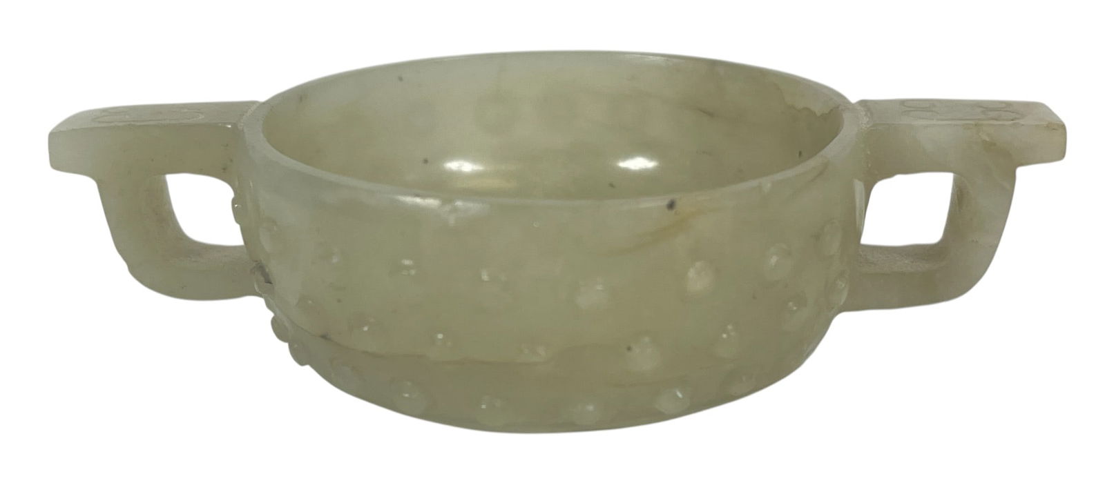 18/19 Century Chinese Double Handled Jade Wine Cup: Chinese, 18th-19th century. A double-handled jade wine cup with carved exterior. Mesures 1 inch high, 3.75 inches handle to handle. Overall good condition, please see photos.