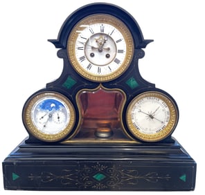 19C French Triple Dial Moonphase Mantle Clock
