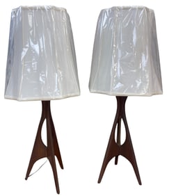 Pair Mid Century Walnut Tripod Table Lamps by Modeline