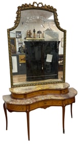 c1930 Marquetry Inlay Marble Top Vanity with Mirror
