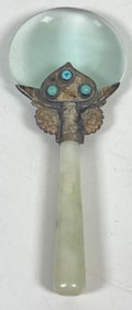 19th Century Asian Sterling Silver, Turquoise & Jade Magnifying Glass
