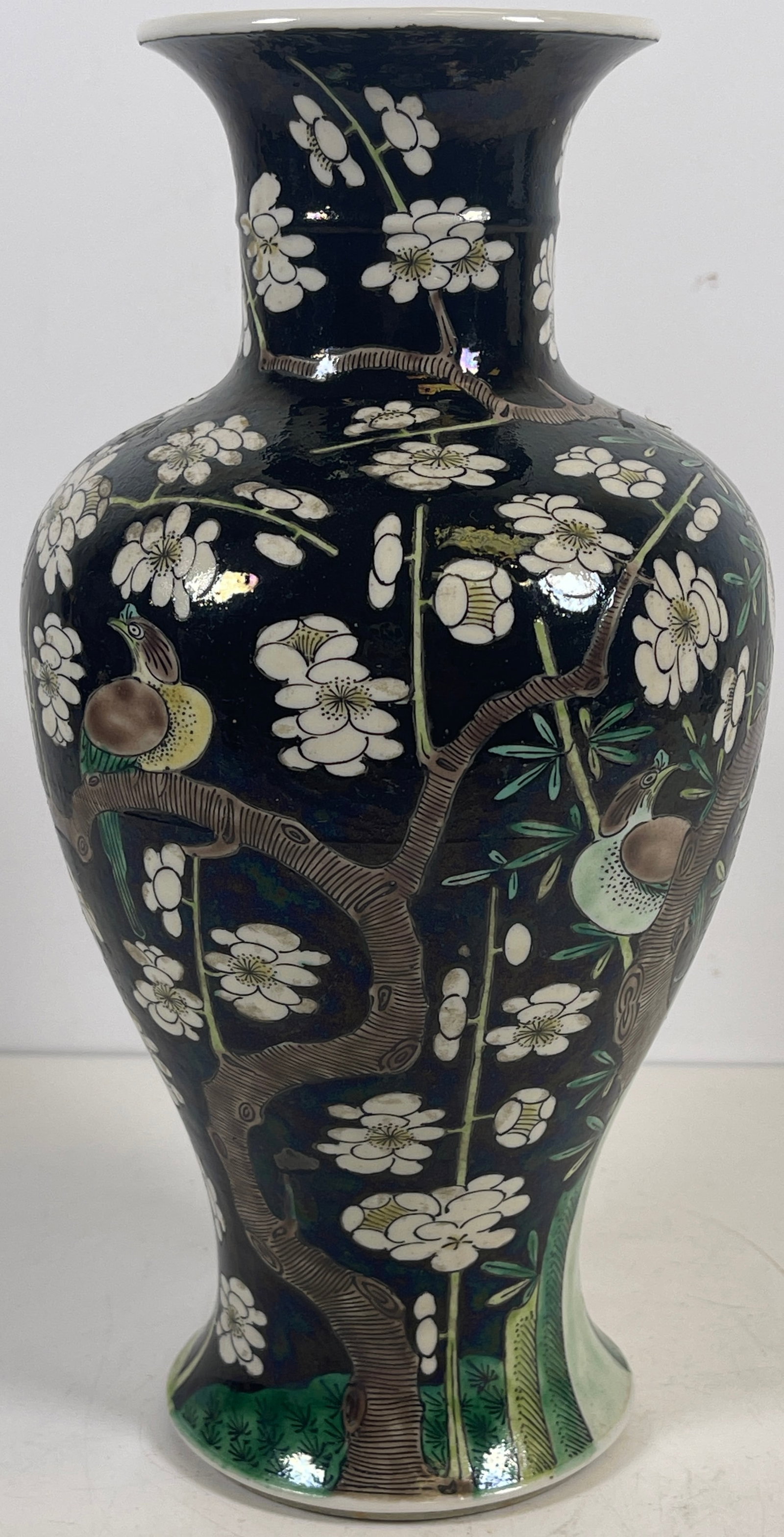 Antique Chinese Vase Birds and Flowers: Marked on the bottom, please see photos. Measures 10.5 inches high, 5.5 at its widest. No chips or cracks. Comes from an extensive collection of asian porcelain from a Manhattan estate.
