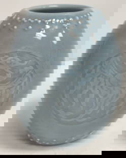 Antique Chinese Qing Dynasty Blue Celadon Vase: Marked on the bottom, please see photos. Measures 4.5 inches high, approx 4 inches at its widest. No chips or cracks. Comes from an extensive collection of asian porcelain from a Manhattan estate.