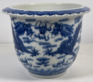 Antique Chinese Kangxi Reign Dynasty Blue & White Porcelain Dragon Planter
