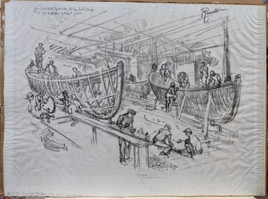 Joseph Pennell Lithograph Titled "The Boat Builders", 1917