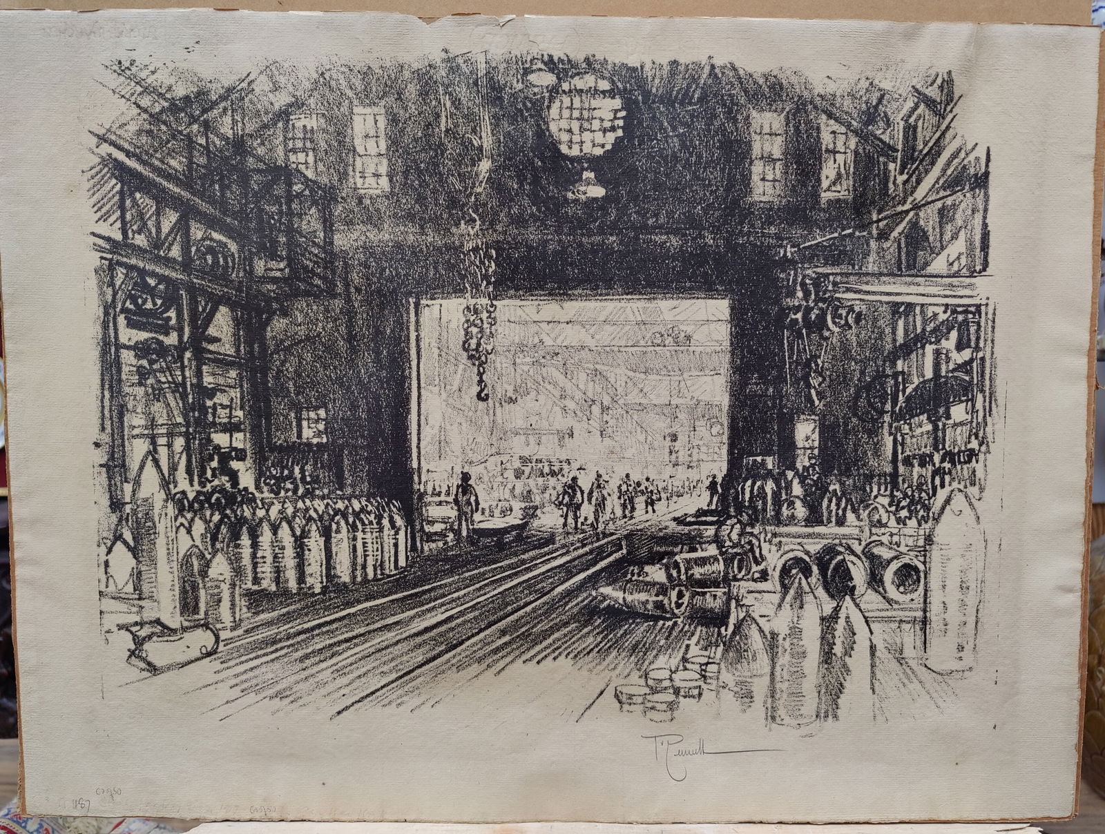 Joseph Pennell Lithograph Titled "Shell Factory, No. 2", 1917: Joseph Pennell (Pennsylvania, New York, United Kingdom, 1857 - 1926) lithograph on laid paper. Print is in fair condition, with toning, mat burn from being previously matted, chipping to the edges, ed