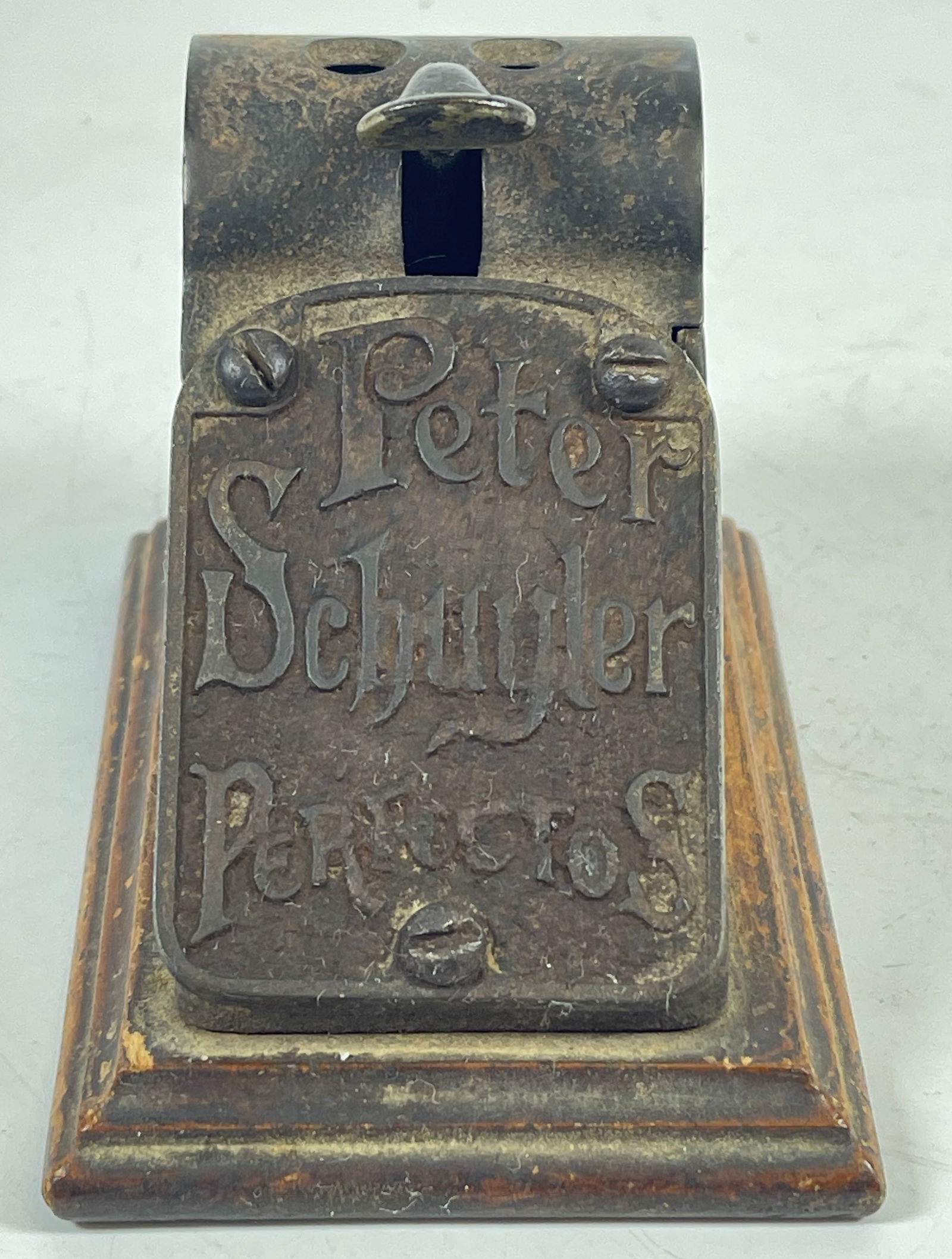 Push Down Advertising 2 Hole Cast Iron Cigar Cutter: Push Down Advertising 2 Hole Cast Iron Cigar Cutter. Peter Schuyler Perfectos. Re: Antique Cigar Cutters & Lighters. pg.142. Dimensions 4.5 inches x 3 inches. Overall good condition, please see photos