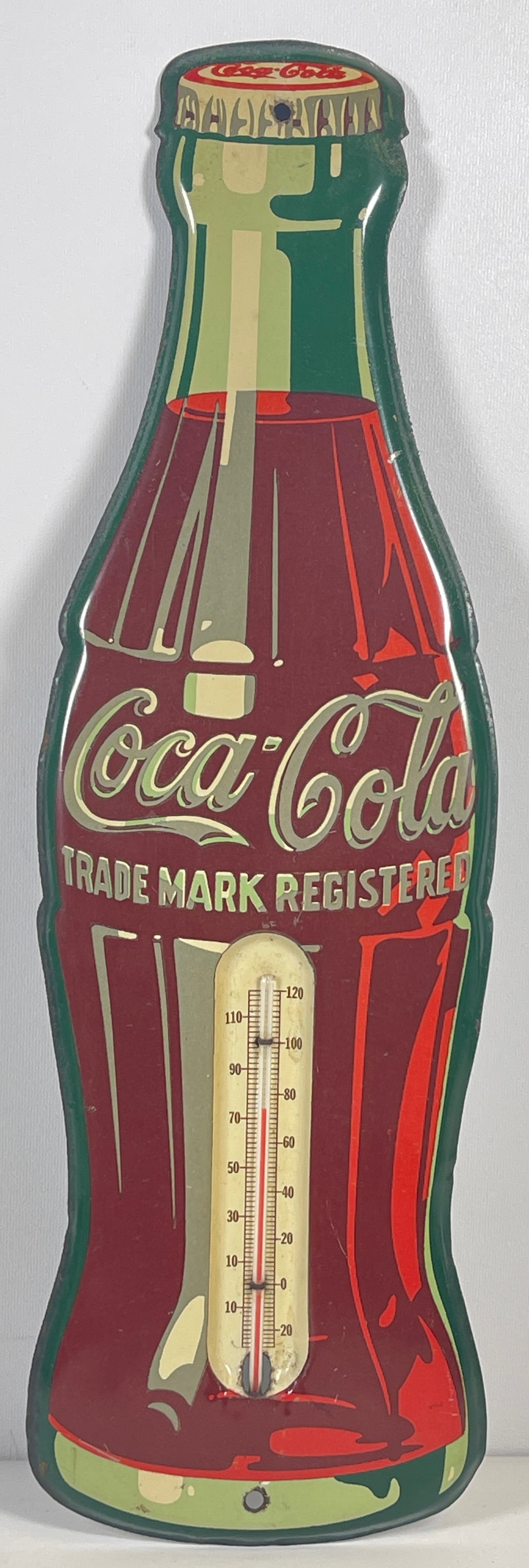 c1950 Coca Cola Bottle Thermometer: Measures 14.5 inches long, 5.25 inches at its widest. Overall good condition, please see photos.