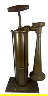 Antique Tyfon Brass Fog Horn: Working fog horn in very good condition on wood base with normal wear and patina. Metal tag attached reads Kockums Mek Veakstad. Maluno, Sweden. serial #122788. Overall good condition, dent to the hor