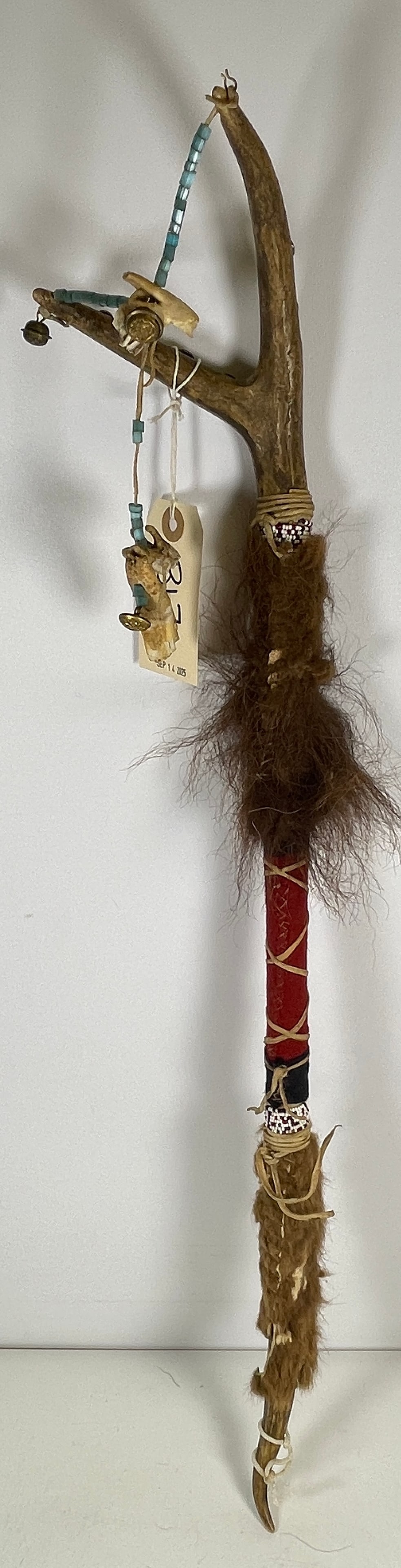 Vintage Native American Medicine Shaman Prayer Stick: Measures approx 28 inches long. Covered in beads, teeth, fur and felt. Overall good condition, please see photos. Comes from a prolific collection of native american items from a singular estate on Lo