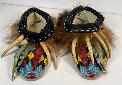 Vintage Cherokee Grizzly Bear Claw & Full Beaded Moccasins