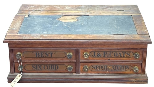 19th Century Slant Top Oak J&P Coats 4 Drawer Spool Cabinet