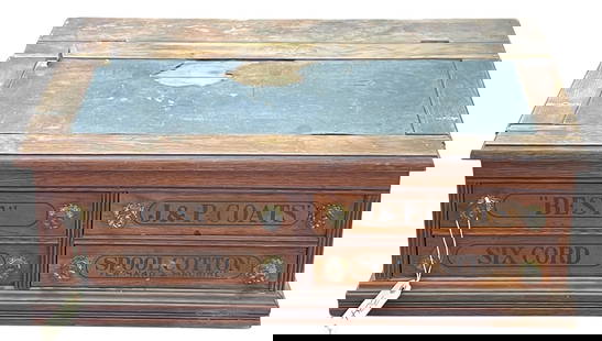 19th Century Slant Top Oak J&P Coats 4 Drawer Spool Cabinet: Late 19th C. Slant Top Oak J&P Coats 6 Drawer Spool Cabinet. J&P Coats label on the backside. Drawers are marked. Measures 12 inches high, 30 inches wide, 20.5 inches deep. Overall good condition, ple