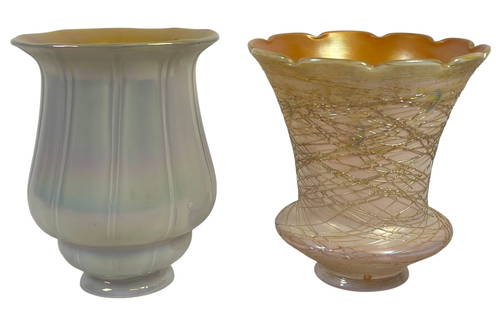(2) Art Glass Shades: To include threaded Quezal shade, and one possible Steuben case glass shade. Both fitters are 2.125 inches. Both measure approx 5.5 inches high. Overall good condition, no chips or cracks to quezal, o