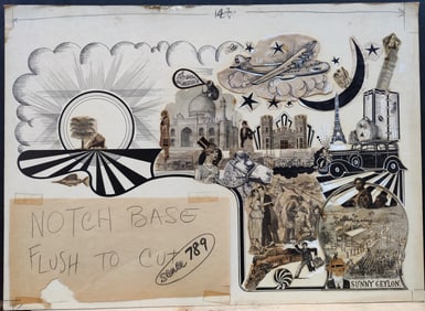 Pair Surrealist Sunny Ceylon Pencil & Cutout Collage Illustrations