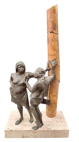 Bruno Lucchesi Bronze Figural Sculpture w/ Marble Column