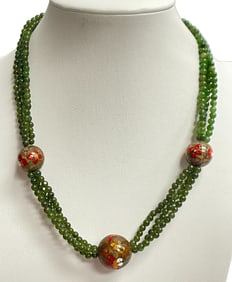 Triple Strand Asian Spinach Jade & Cloisonne Beaded Necklace
