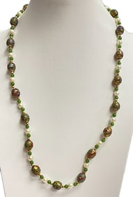 Asian 14k Yellow Gold Jade Pearl & Cloisonne Beaded Necklace