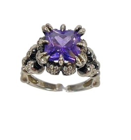 Jeulia Princess Cut Amethyst & Sterling Silver Skull Ring Size 8