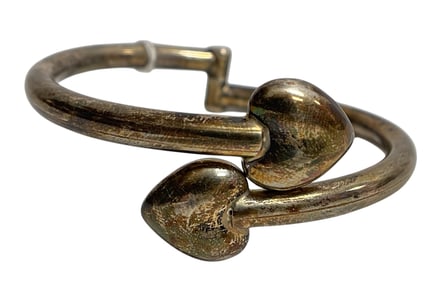 Vintage Mexico Sterling Silver Puffy Heart Bypass Bangle Bracelet
