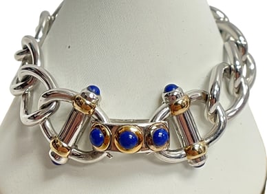Estate 18k Yellow Gold Sterling & Blue Lapis Link Bracelet
