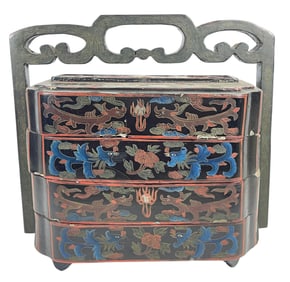 19th Century Asian Black Lacquer 4 Tiered Bento Box