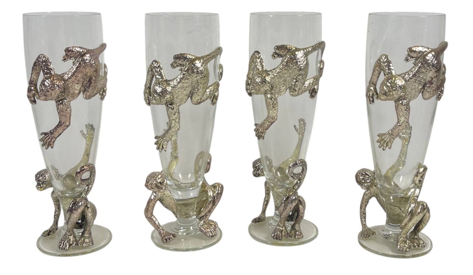 (4) Arthur Court Safari Glass Pilsners Monkeys: Lot of 4. Measures 8 inches high, 2.375 inches across the top. Overall good condition, no chips or cracks. Please see photos.