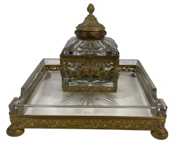Antique French Dore Bronze & Crystal Inkwell & Pen Stand