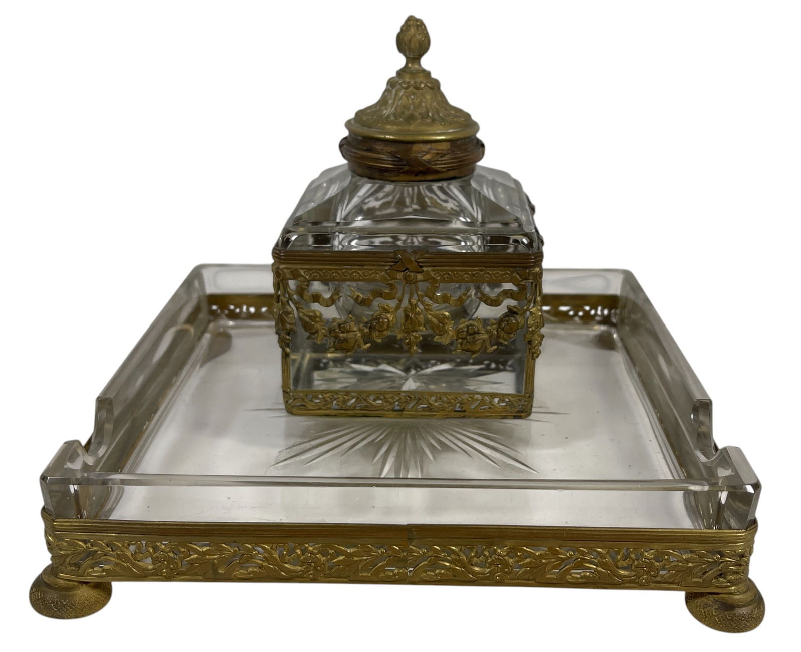 Antique French Dore Bronze & Crystal Inkwell & Pen Stand (1 of 7)
